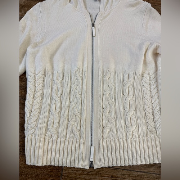 Lafayette 148 New York Fine Gauge Merino Wool Cable Knit Hoodie Zipper Sweater - Picture 4 of 8